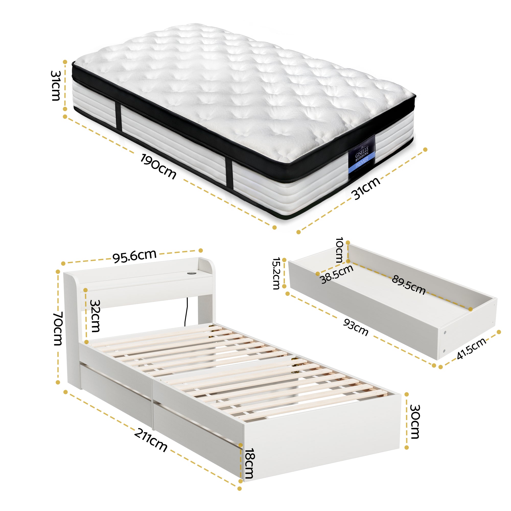 Single Mattress Bed Frame Set Pocket Spring | Simpledeals