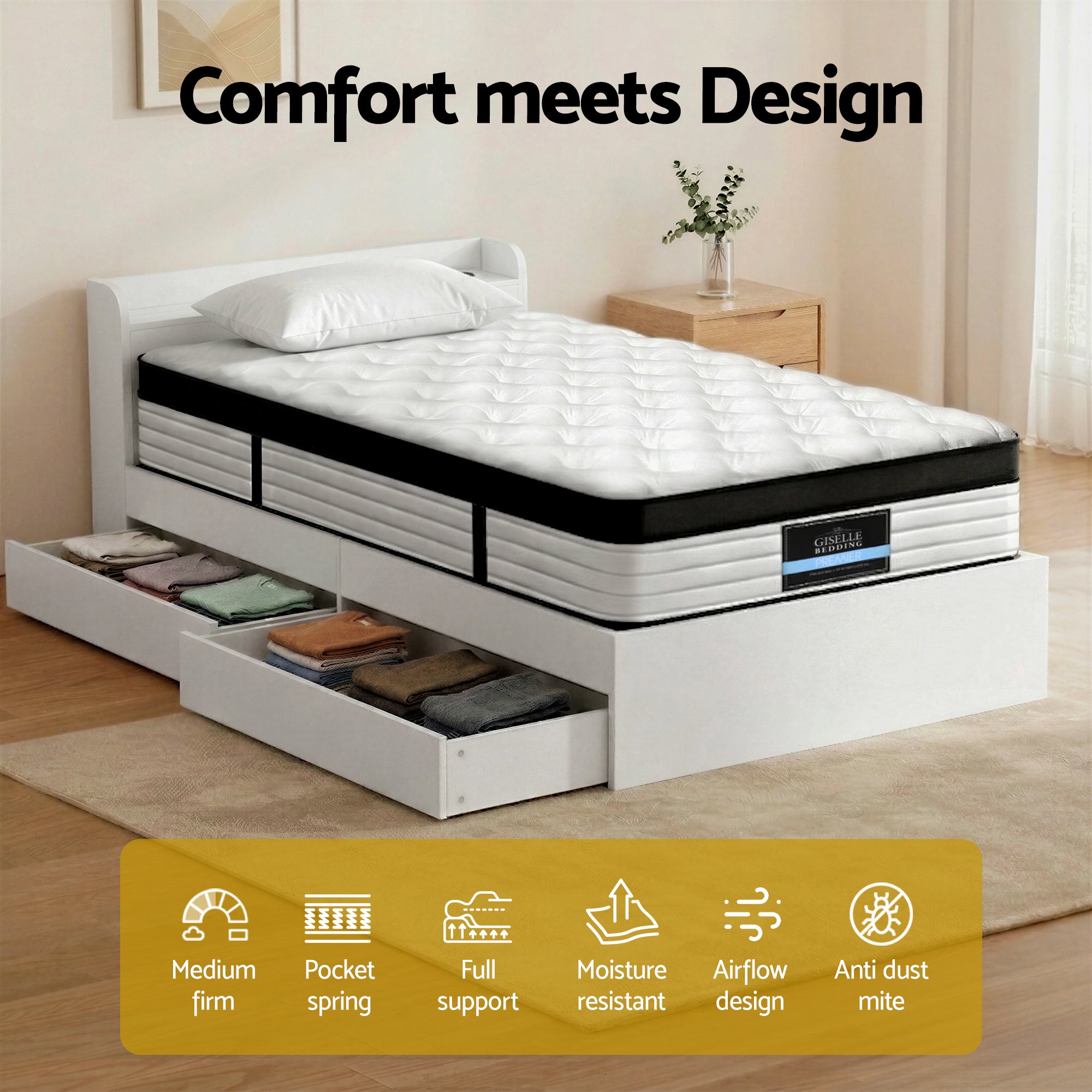 Single Mattress Bed Frame Set Pocket Spring | Simpledeals