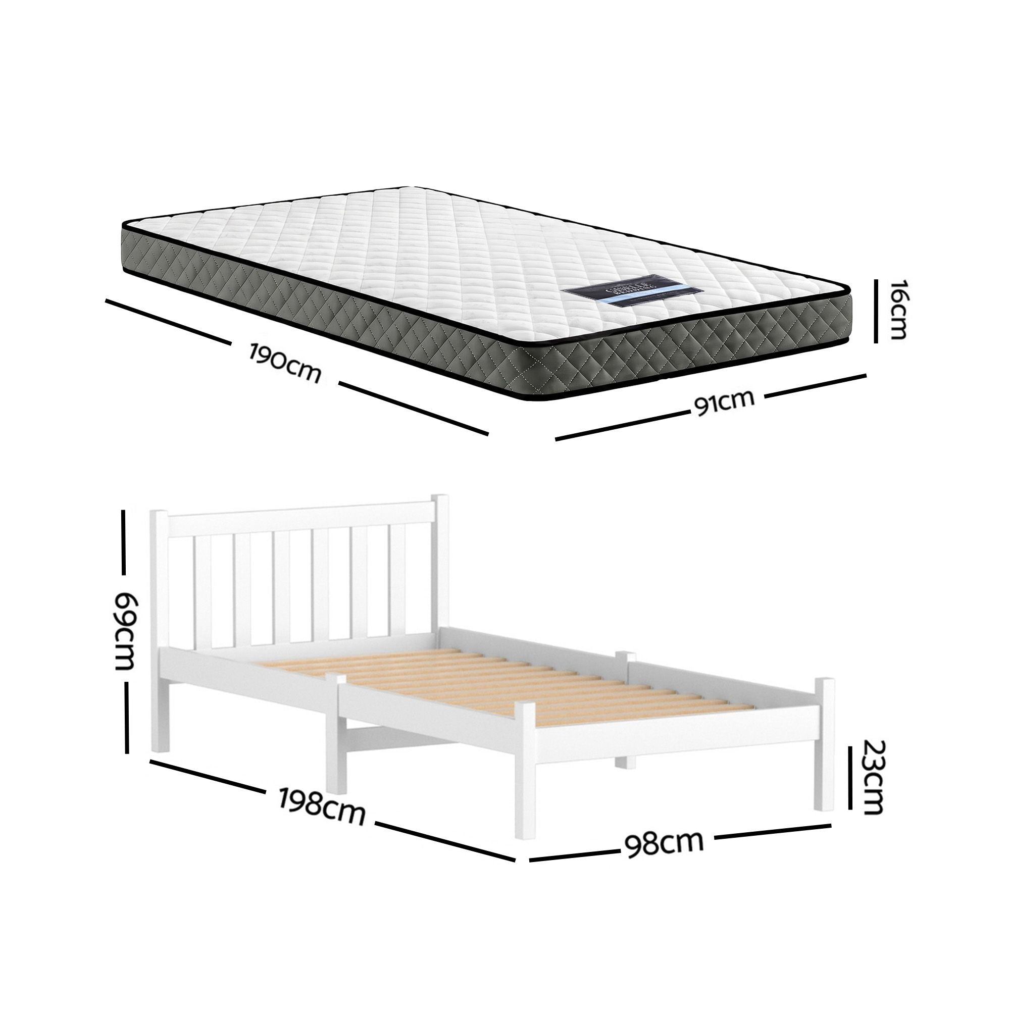 Single Bed Frame Mattress Set White Pine | Simpledeals