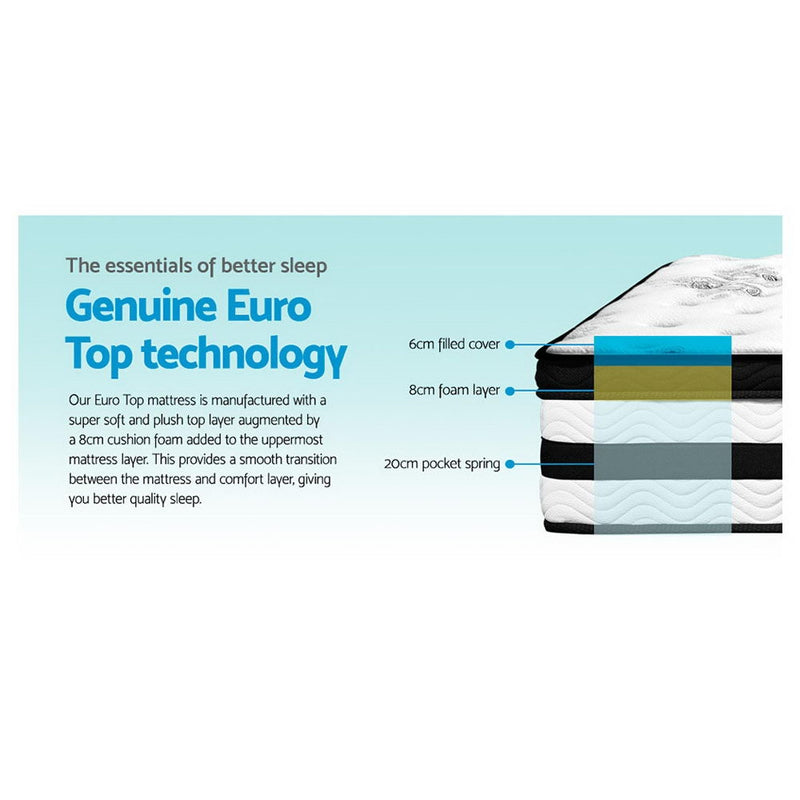 King 34cm Euro Top Pocket Spring Mattress Medium-Firm 5 Zone 450 Coils