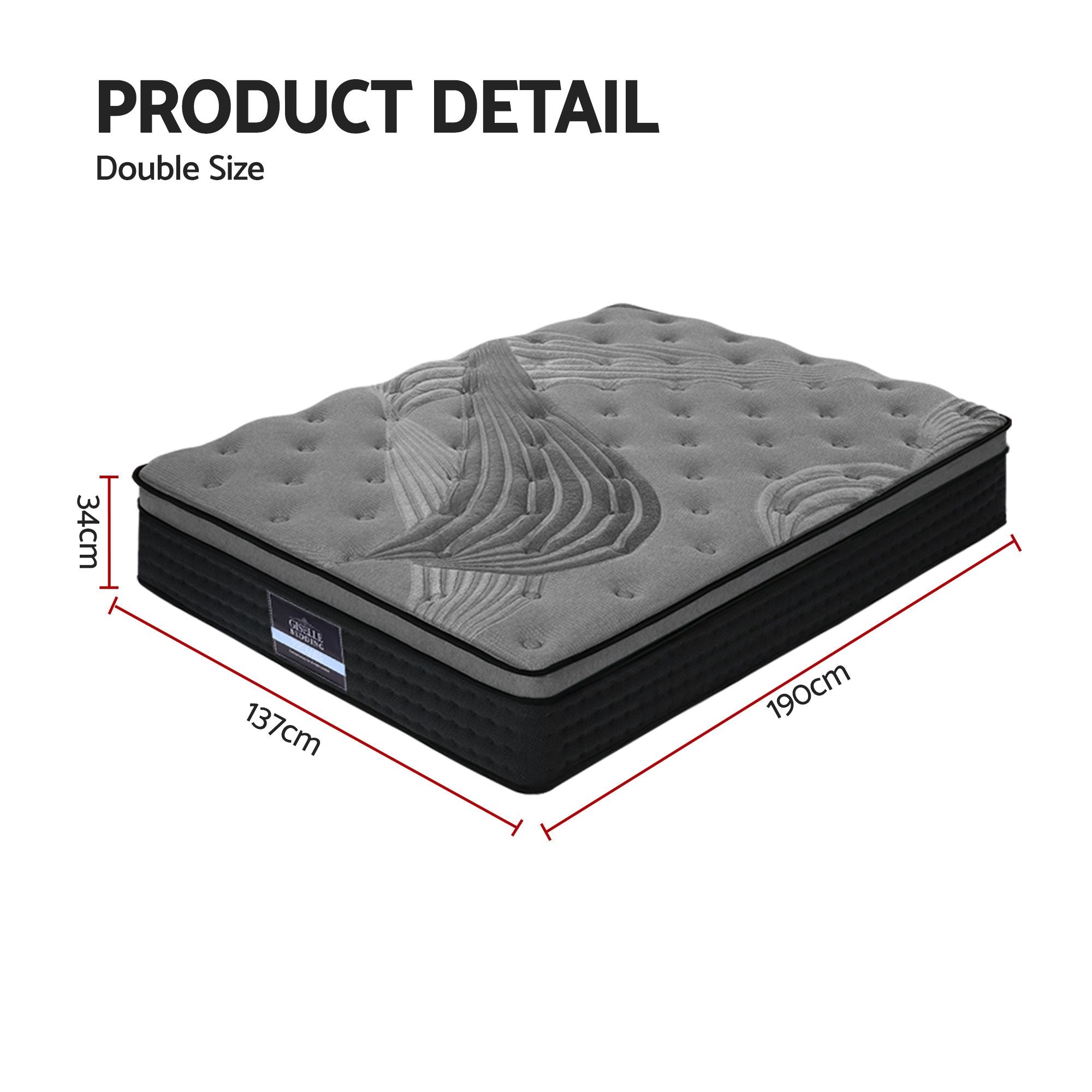 Giselle Bedding Double Mattress 34cm 7-Zone Bamboo Charcoal Fabric with Pocket Spring