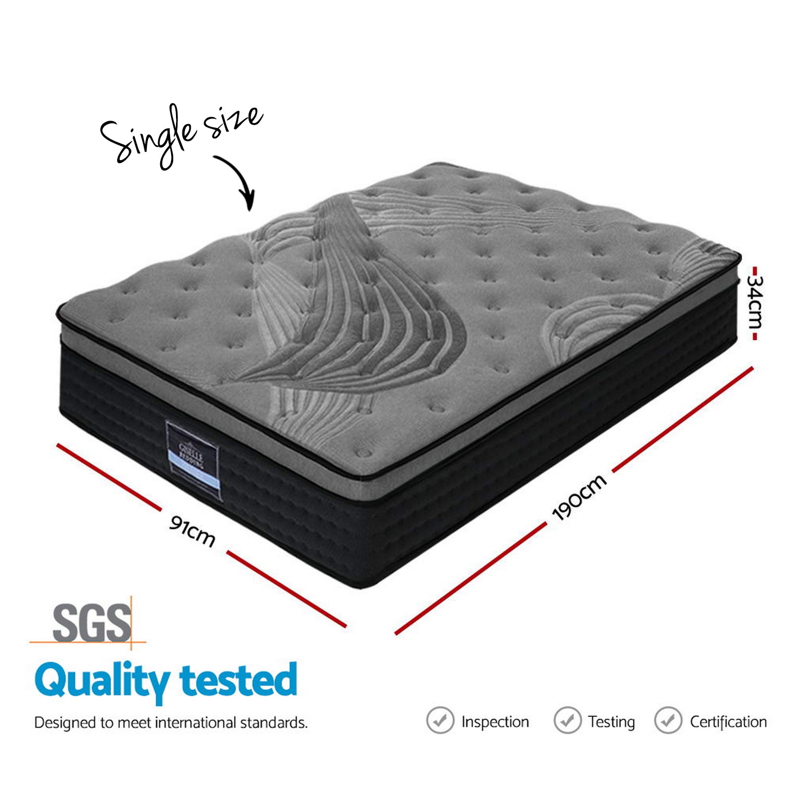 34cm Thick Euro Top Single Mattress 5-Zone Pocket Spring Support 6.0/ Medium Firm