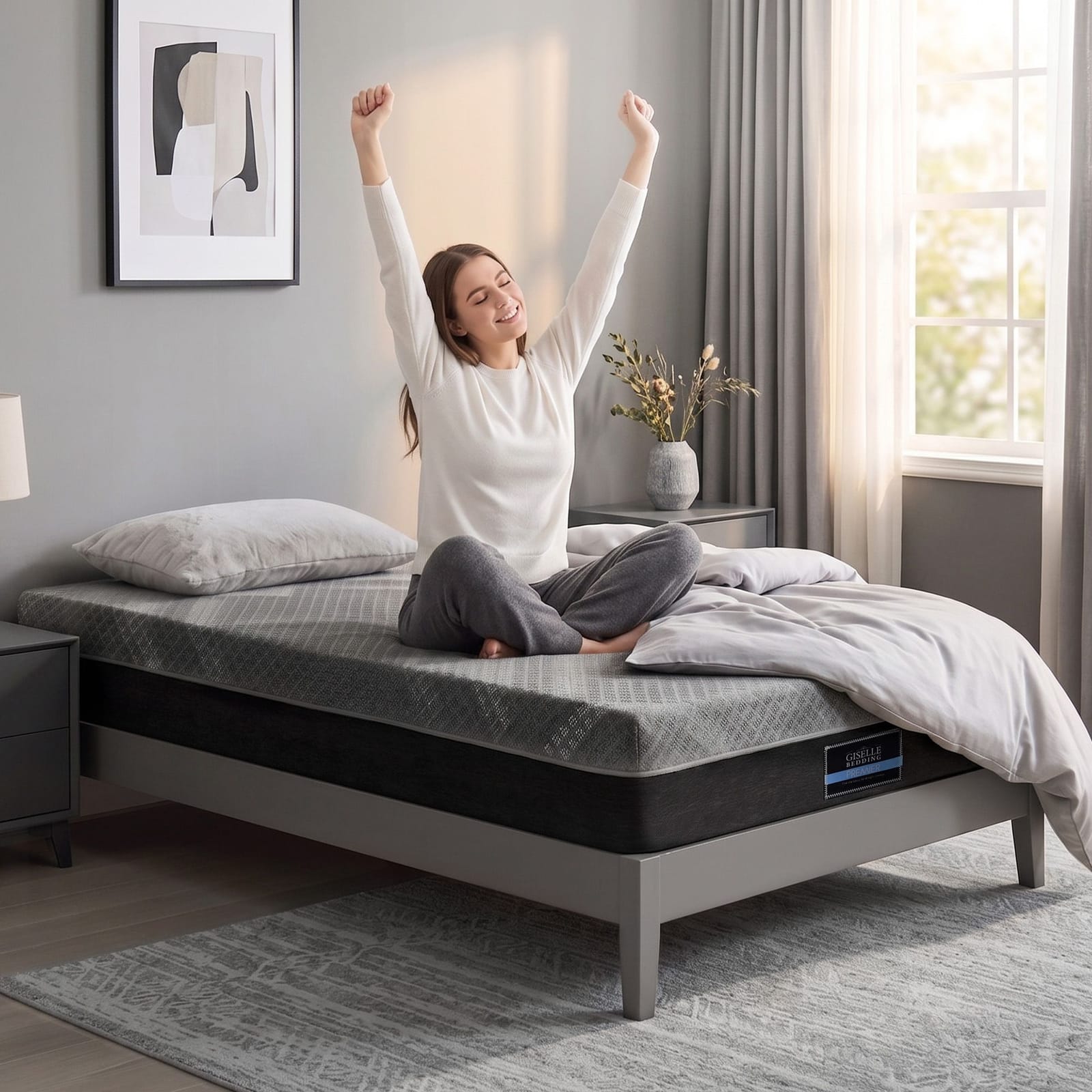 Grey mattress 107x203x26cm, in room setting