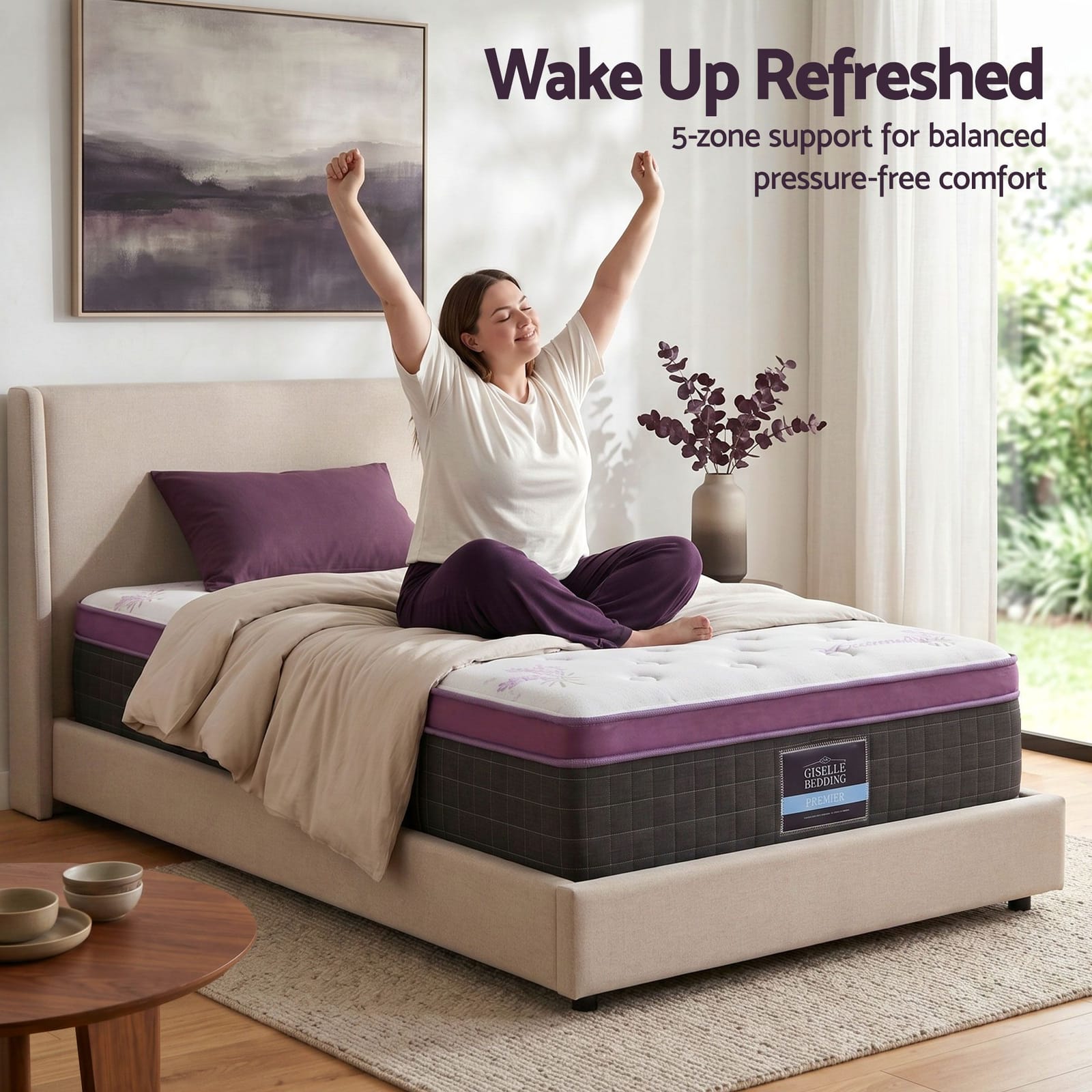 Purple mattress 90x190x35cm, in room setting