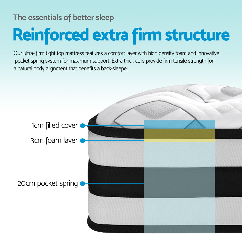Single Tight Top Mattress 24cm Thick, Ultra Firm 9.0 Pocket Springs & Extra Thick Coils