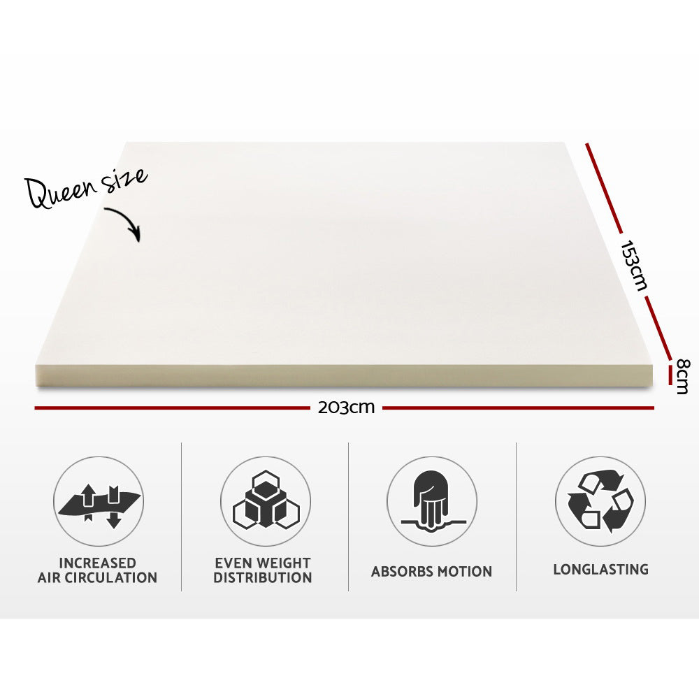 Queen 8cm Memory Foam Mattress Topper High-Density Visco Elastic, Breathable Support