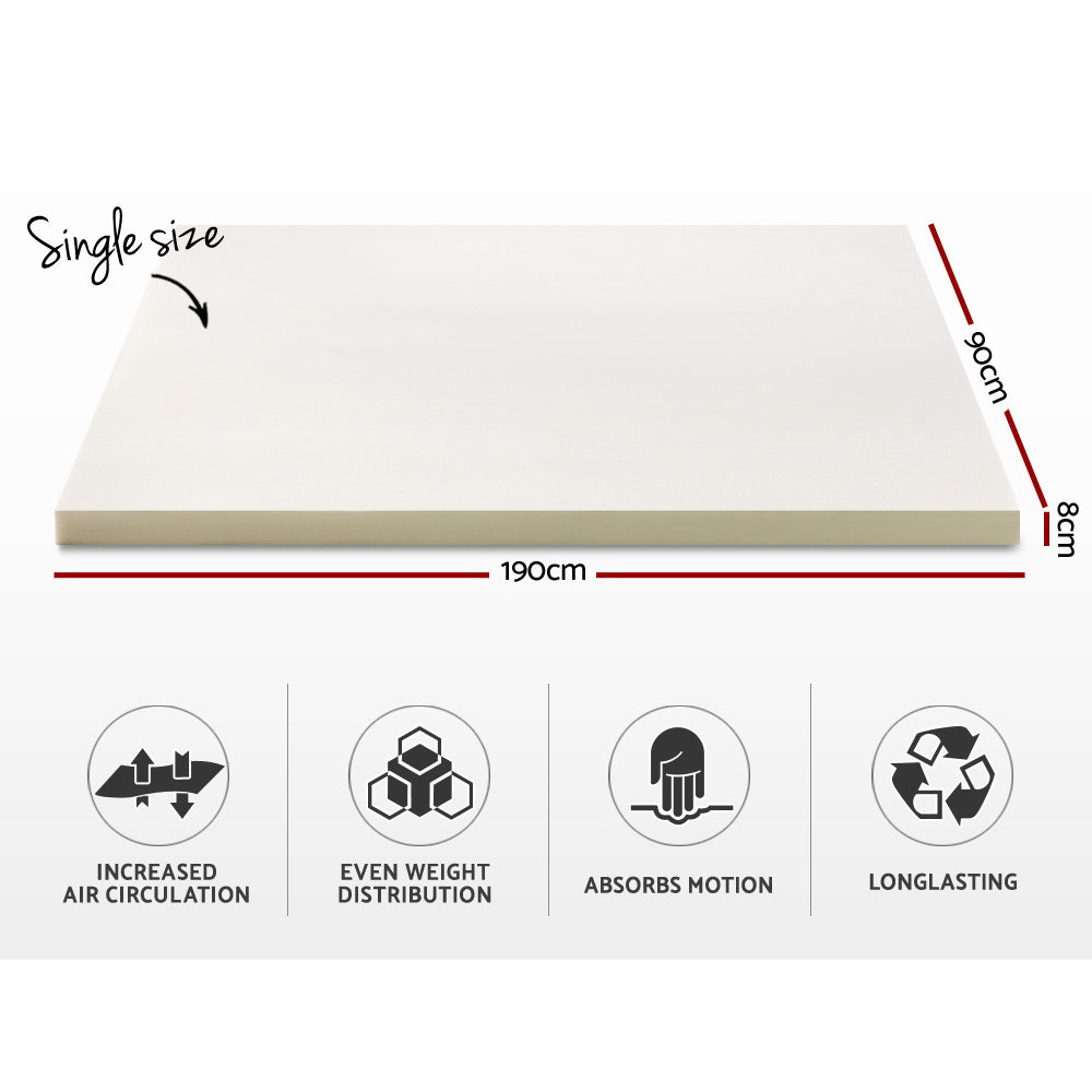 Single 8cm Memory Foam Mattress Topper High-Density Visco Elastic, Breathable Support