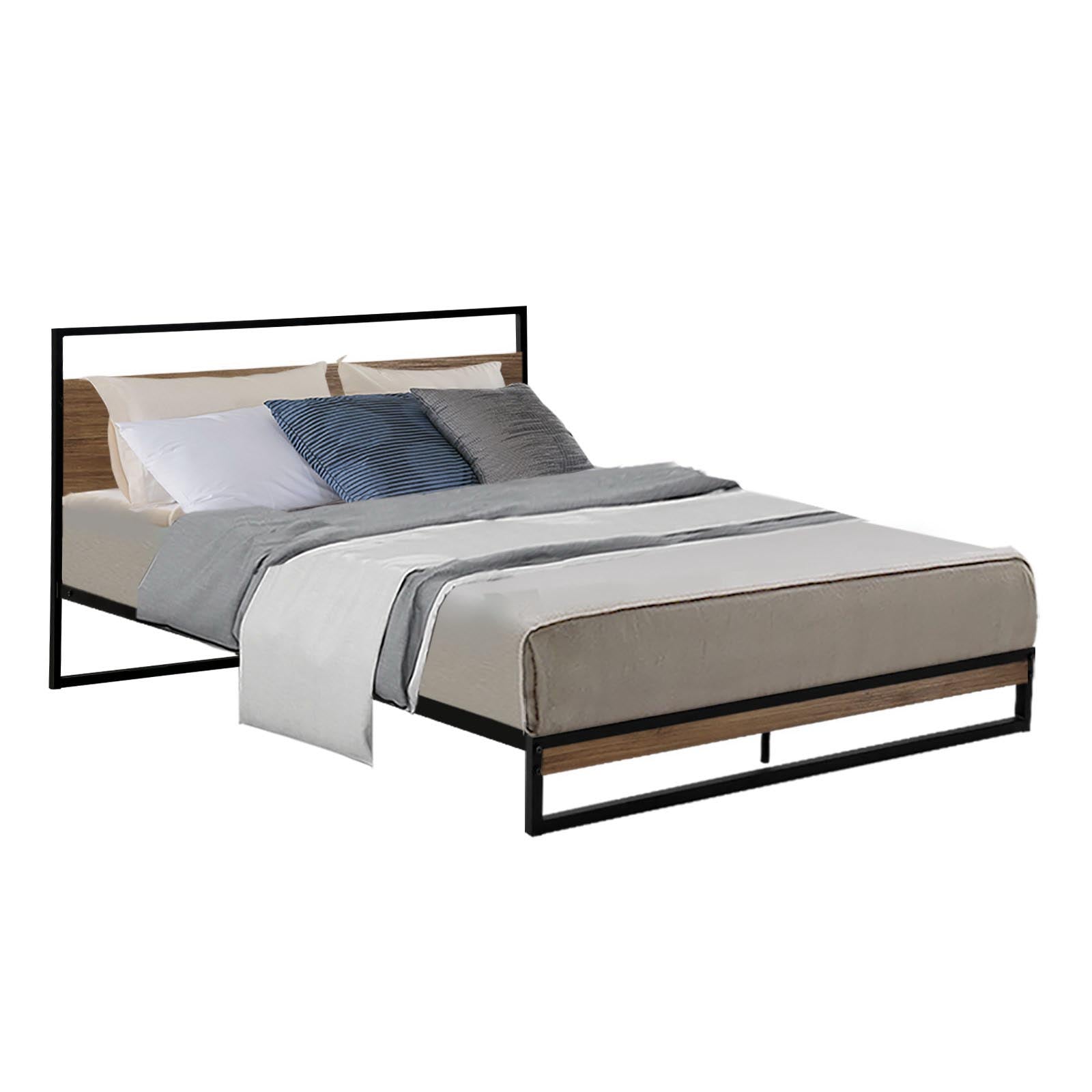Double Bed Frame Industrial Metal & Wood Powder-Coated Black