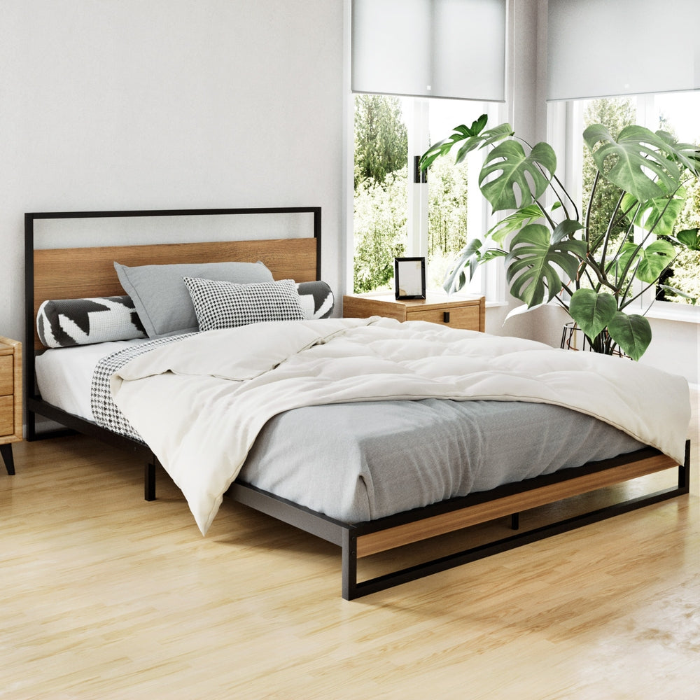 Double Bed Frame Industrial Metal & Wood Powder-Coated Black