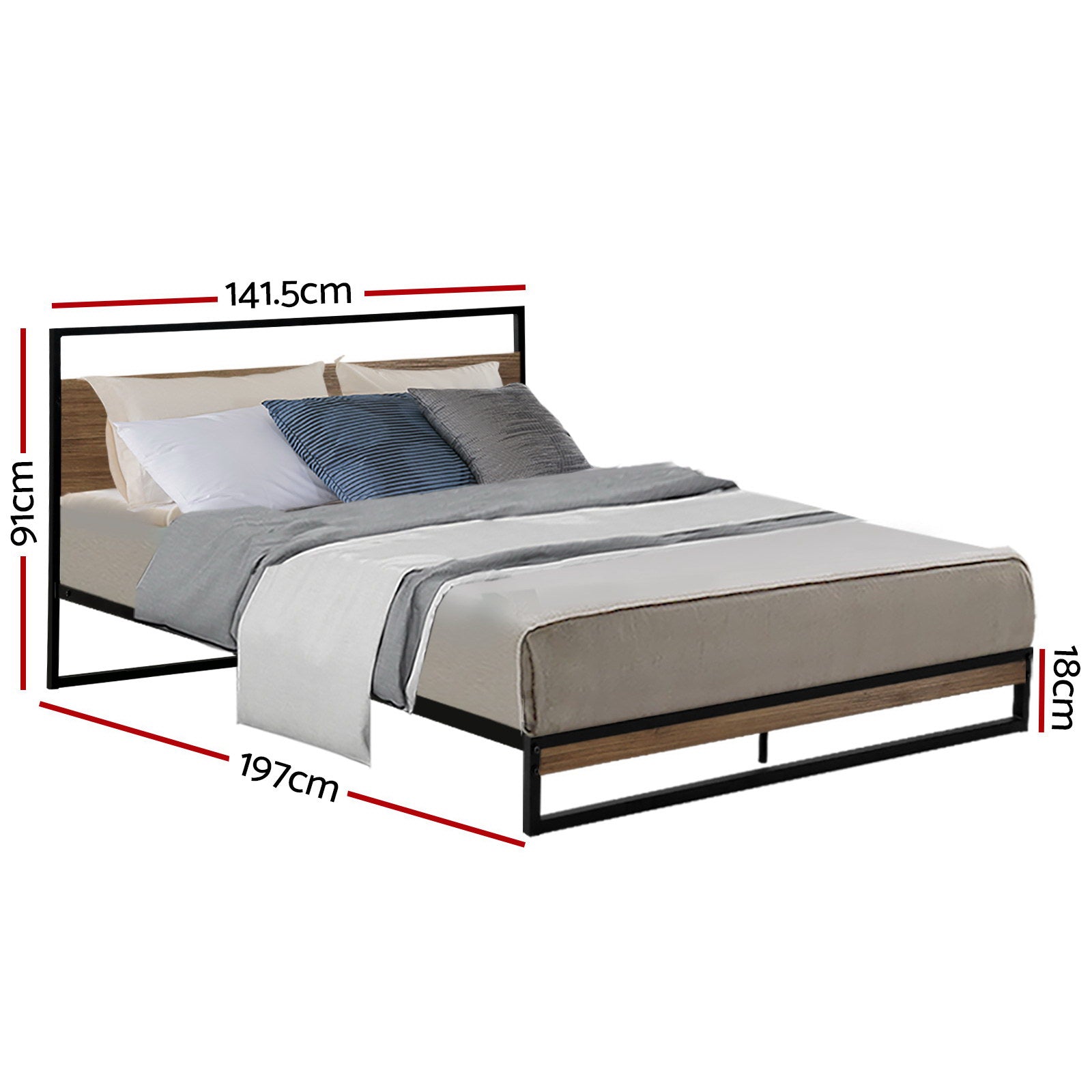 Double Bed Frame Industrial Metal & Wood Powder-Coated Black
