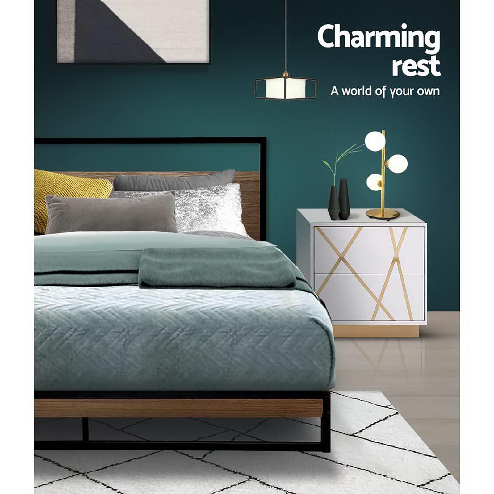 Double Bed Frame Industrial Metal & Wood Powder-Coated Black