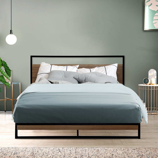 Double Bed Frame Industrial Metal & Wood Powder-Coated Black - Size Dane