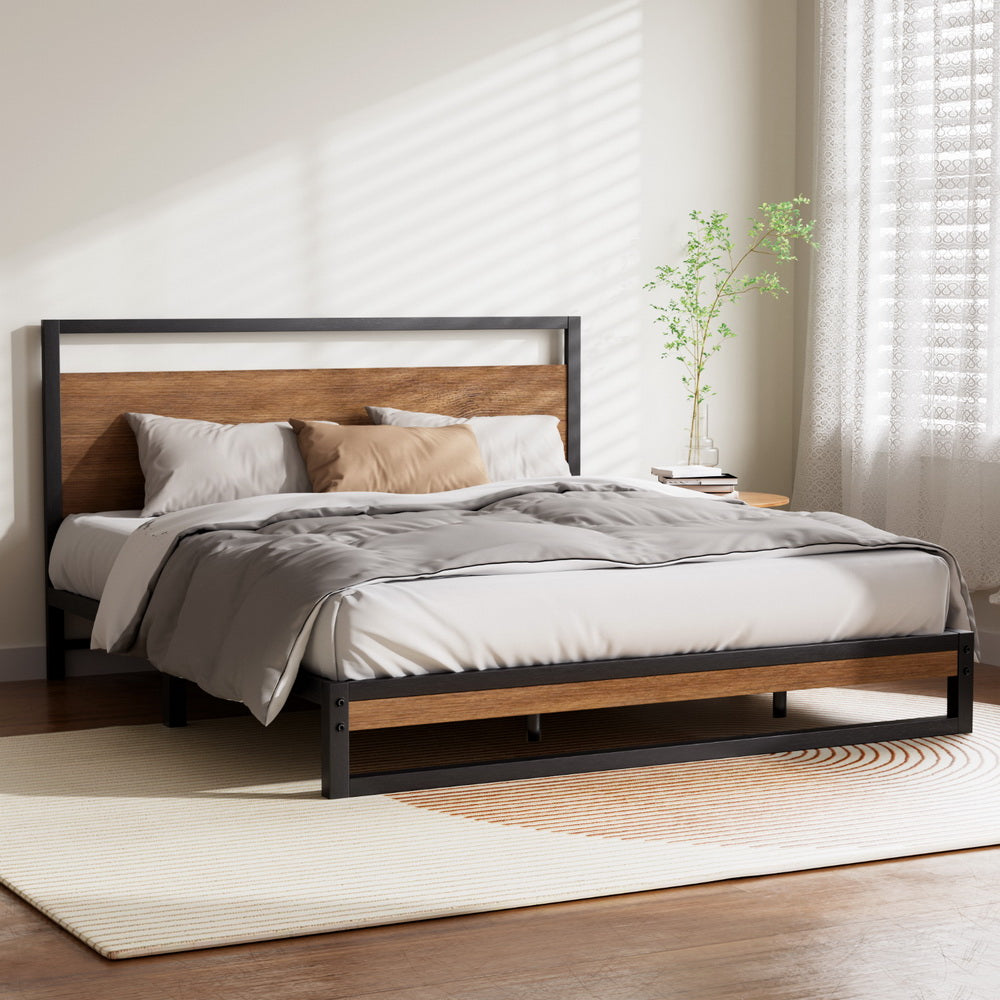 King Bed Frame Industrial Metal & Wood Powder-Coated Black