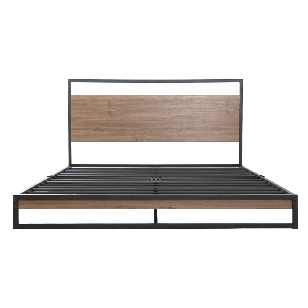 King Bed Frame Industrial Metal & Wood Powder-Coated Black