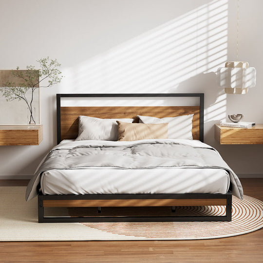 King Bed Frame Industrial Metal & Wood Powder-Coated Black - Size Dane