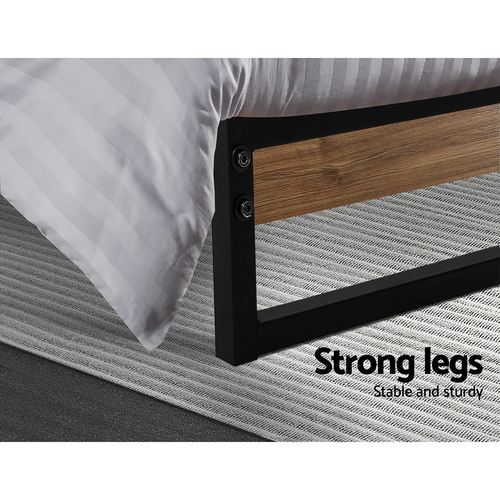 King Bed Frame Industrial Metal & Wood Powder-Coated Black