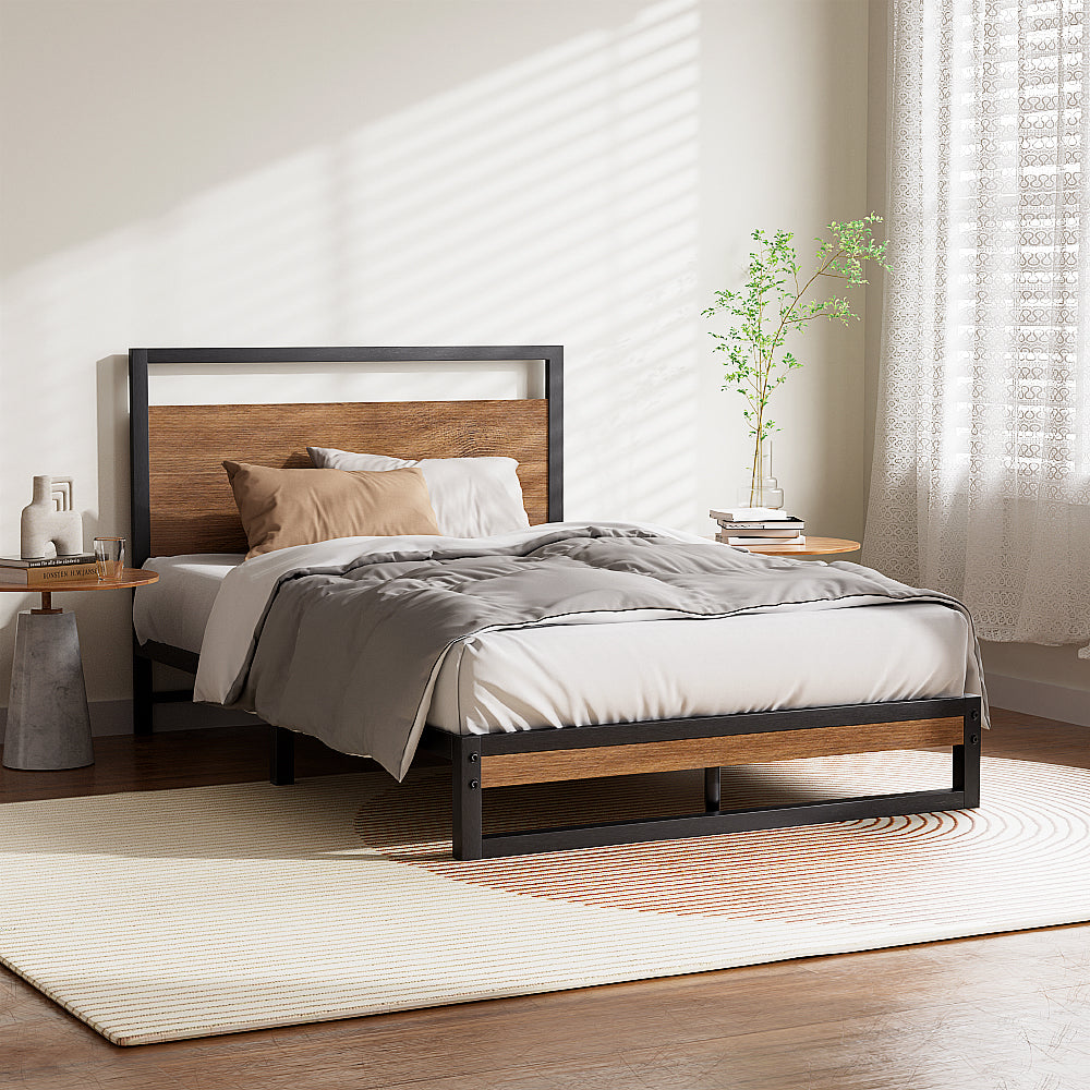 King Single Bed Frame Industrial Metal & Wood Black Powder-Coated