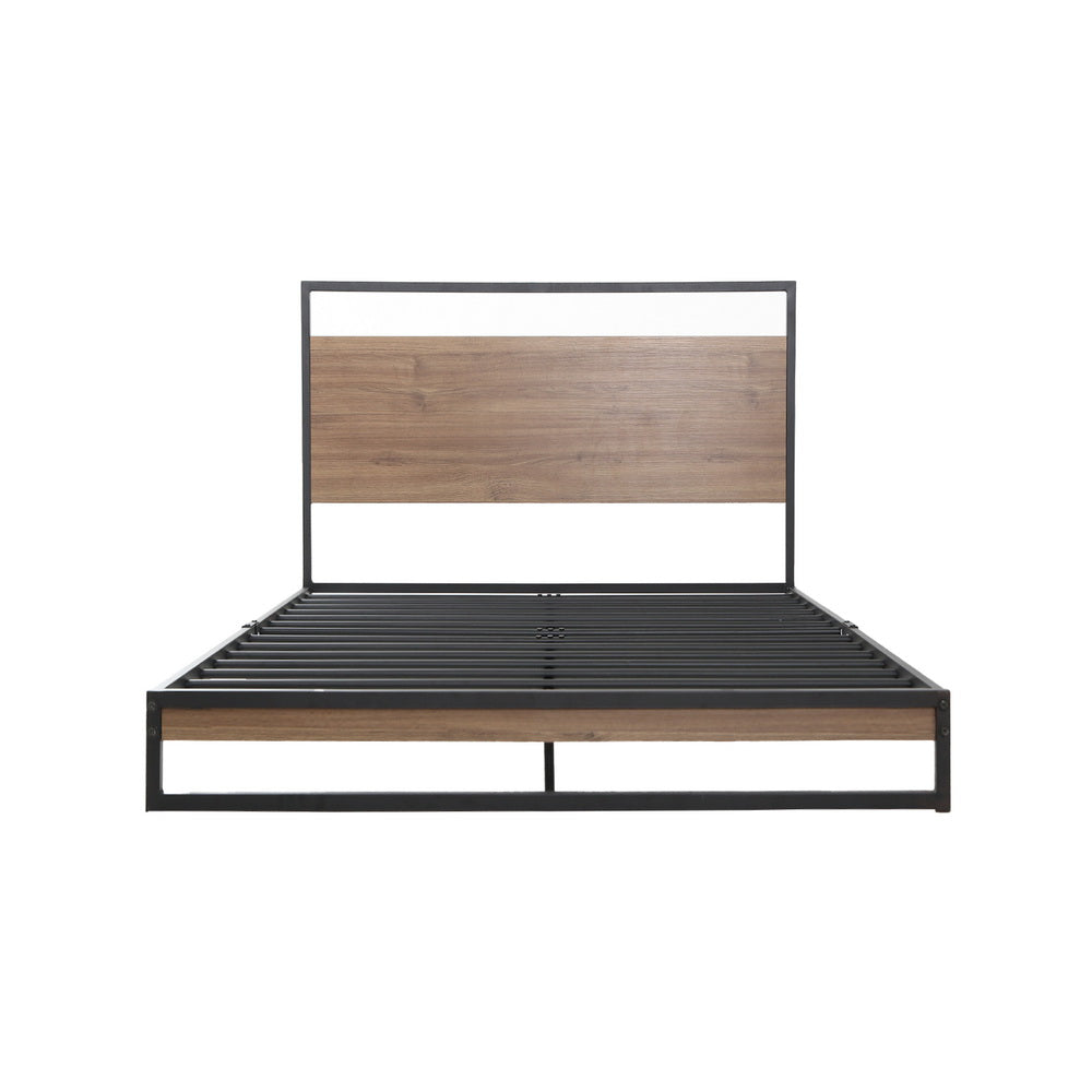 King Single Bed Frame Industrial Metal & Wood Black Powder-Coated