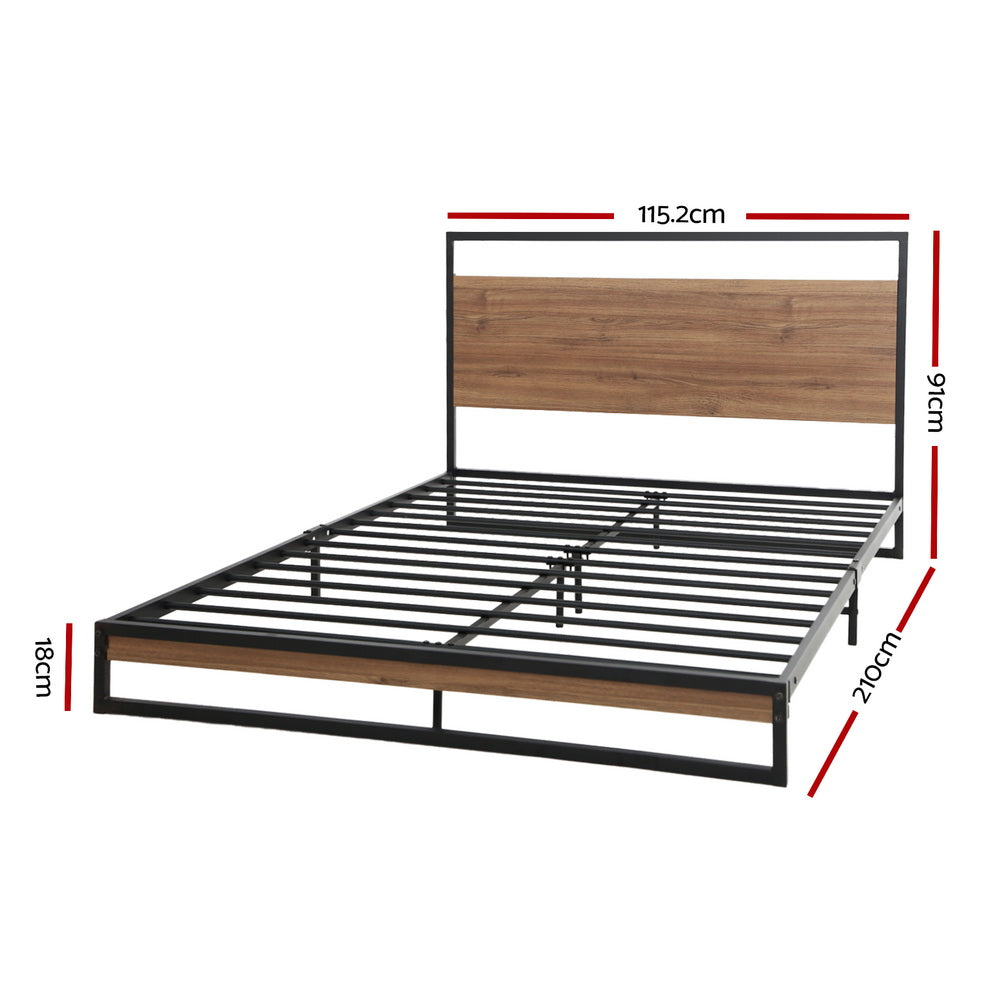 King Single Bed Frame Industrial Metal & Wood Black Powder-Coated
