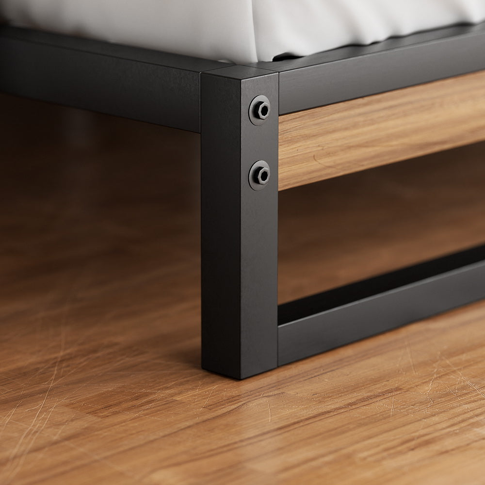 King Single Bed Frame Industrial Metal & Wood Black Powder-Coated