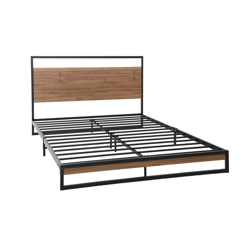 King Single Bed Frame Industrial Metal & Wood Black Powder-Coated