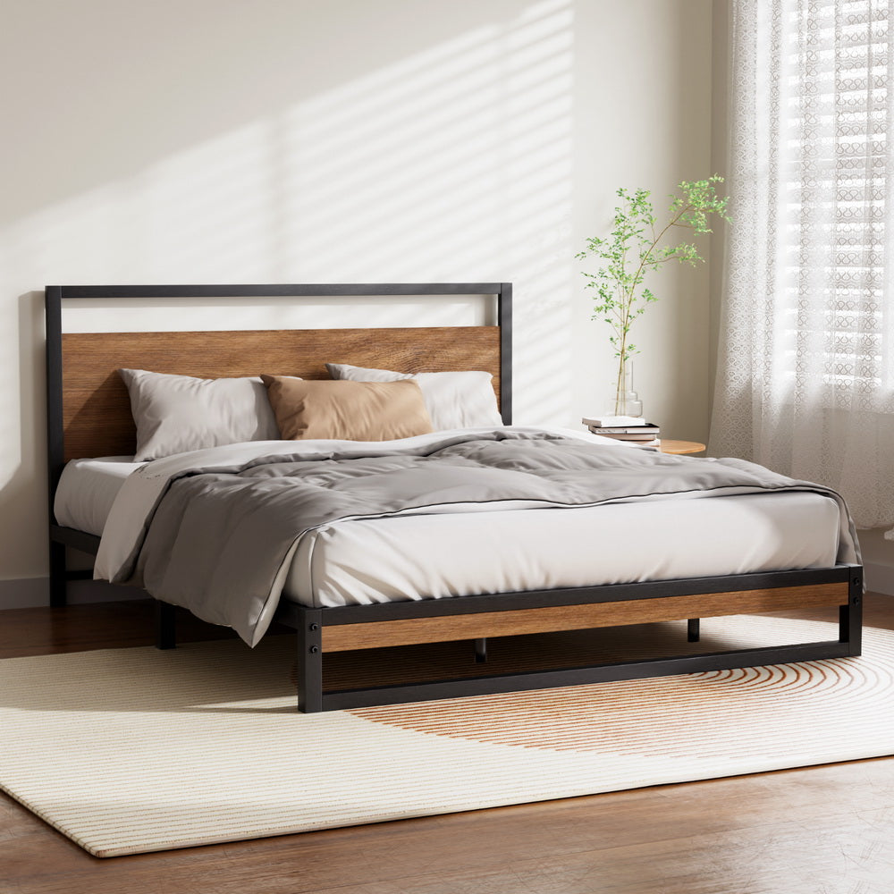 Queen Bed Frame Industrial Metal & Wood Black Powder-Coated