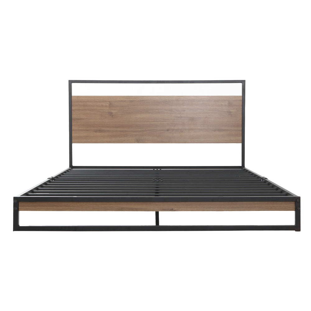 Queen Bed Frame Industrial Metal & Wood Black Powder-Coated