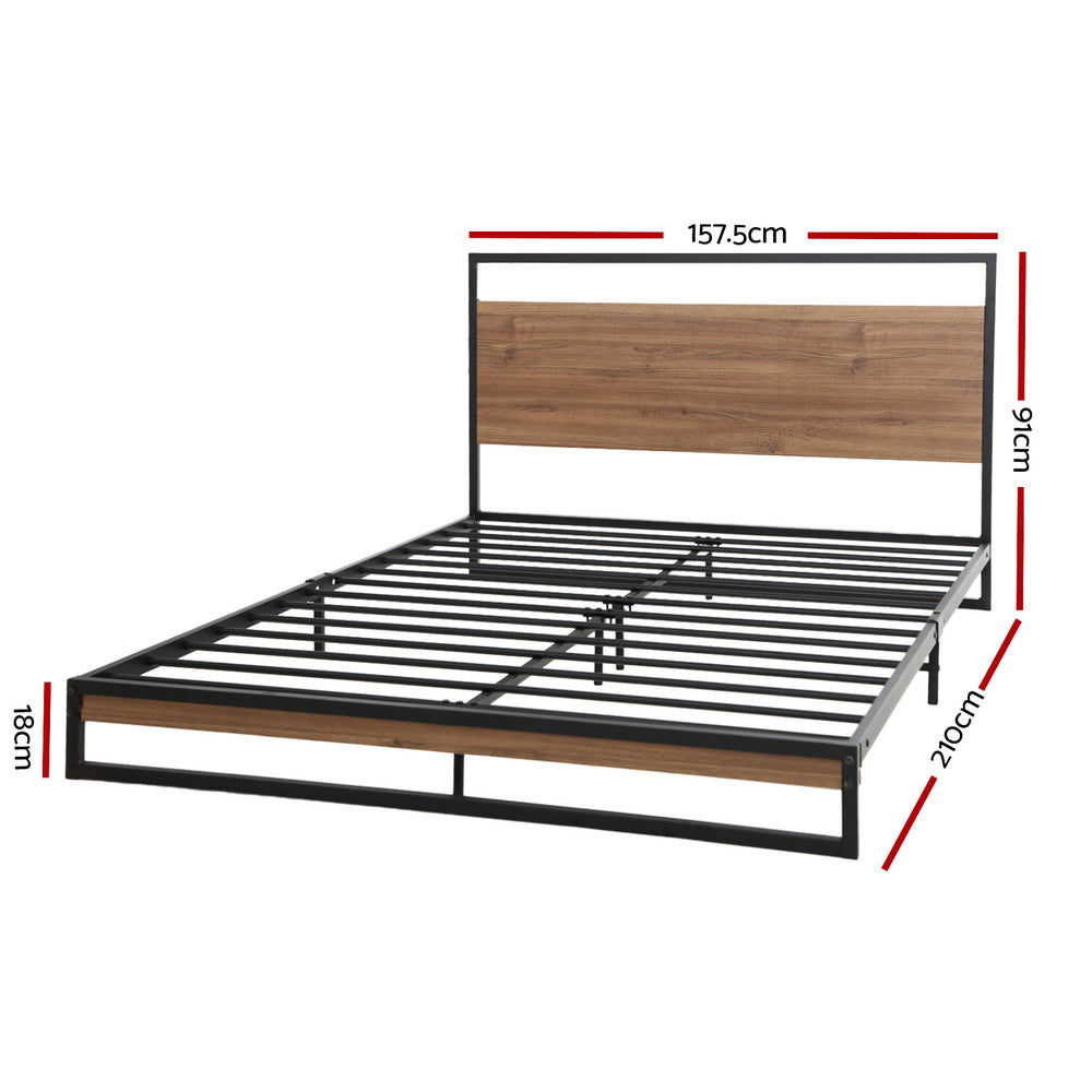Queen Bed Frame Industrial Metal & Wood Black Powder-Coated