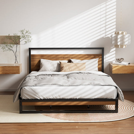Queen Bed Frame Industrial Metal & Wood Black Powder-Coated - Size Dane
