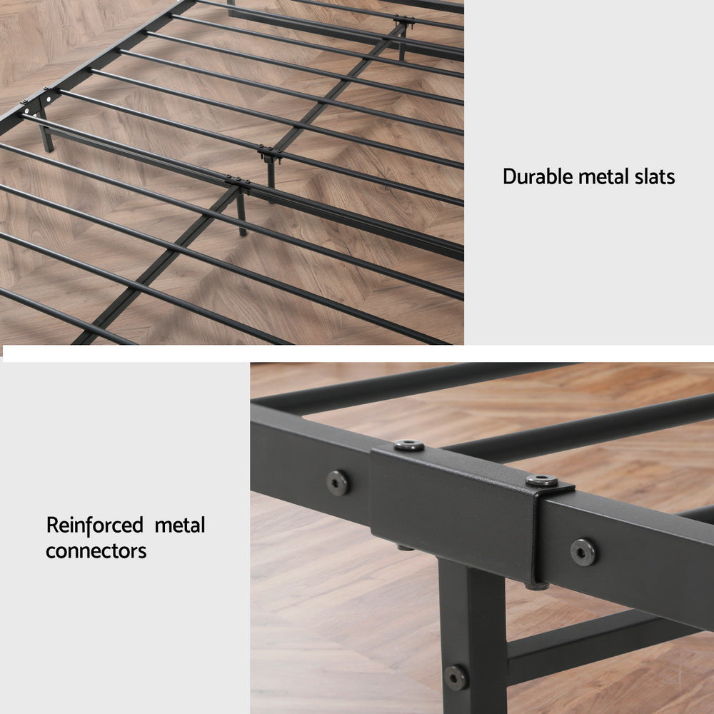 Queen Bed Frame Industrial Metal & Wood Black Powder-Coated