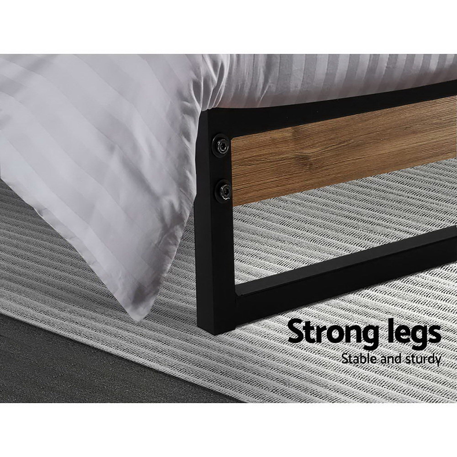 Queen Bed Frame Industrial Metal & Wood Black Powder-Coated