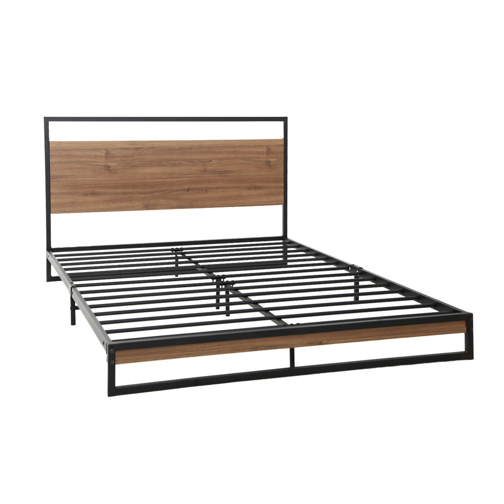 Queen Bed Frame Industrial Metal & Wood Black Powder-Coated