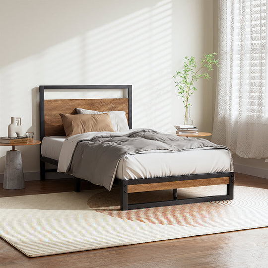 Single Bed Frame Industrial Metal & Wood Black Powder-Coated with Metal finish