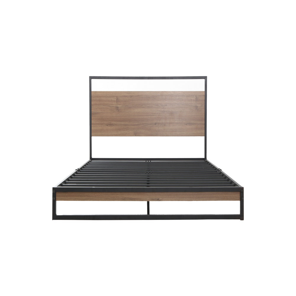 Single Bed Frame Industrial Metal & Wood Black Powder-Coated