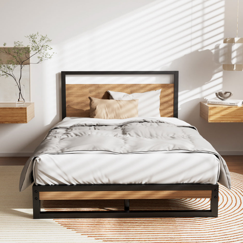 Single Bed Frame Industrial Metal & Wood Black Powder-Coated