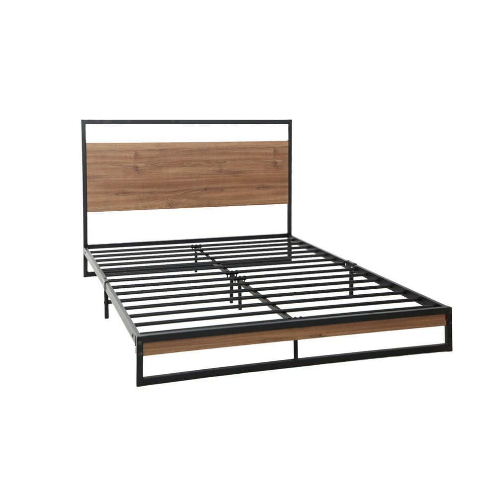 Single Bed Frame Industrial Metal & Wood Black Powder-Coated