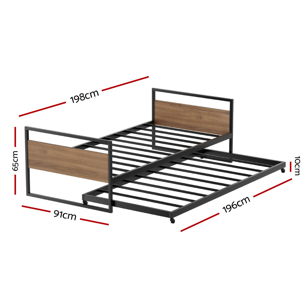 Metal Bed Frame 2x Single Size Trundle Daybed Durable Steel Frame