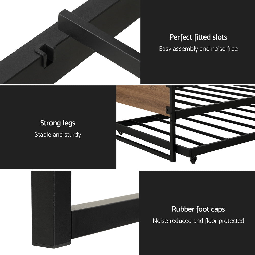 Metal Bed Frame 2x Single Size Trundle Daybed Durable Steel Frame