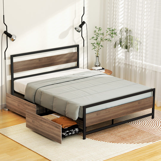 Double Bed Frame Metal 2 Drawers