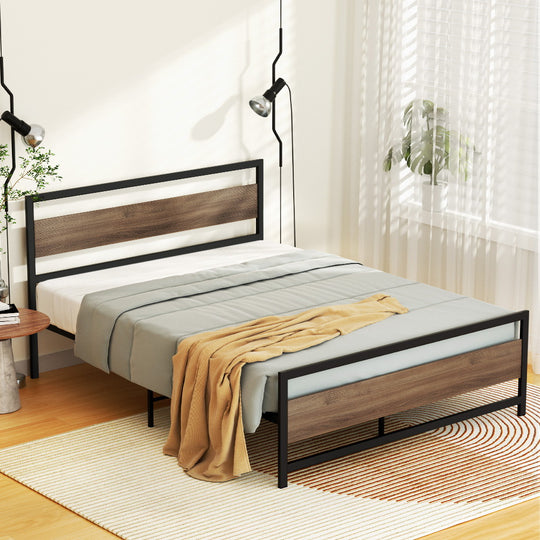 Queen Size Metal Bed Frame With Mattress Platform And Black Base with Metal finish
