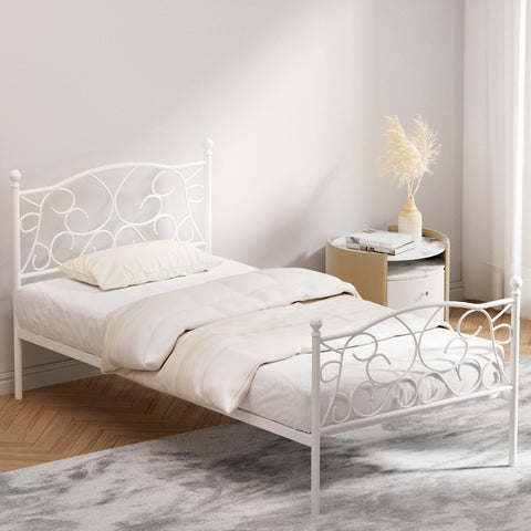 Single Size Metal Bed Frame with Wooden Headboard - White GROA