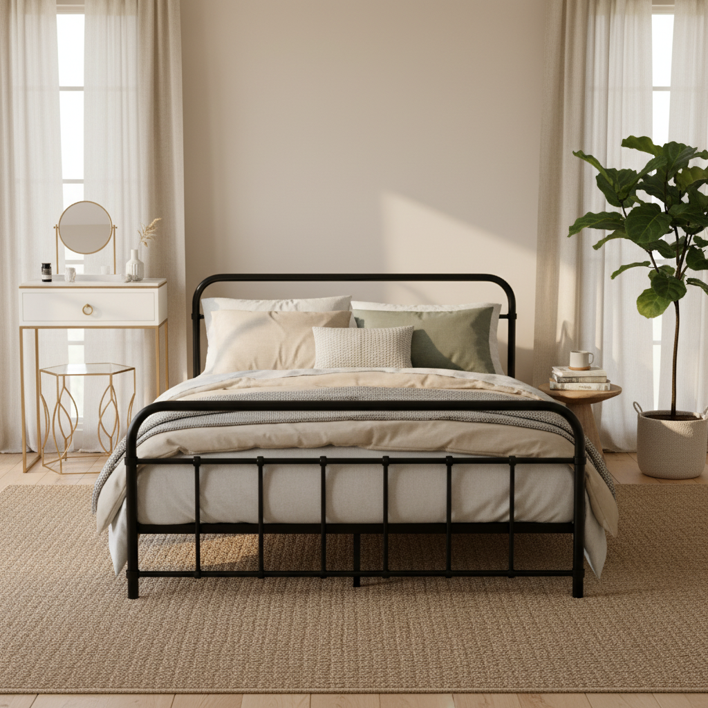 Double Bed Frame Metal Black Country-Style with Storage