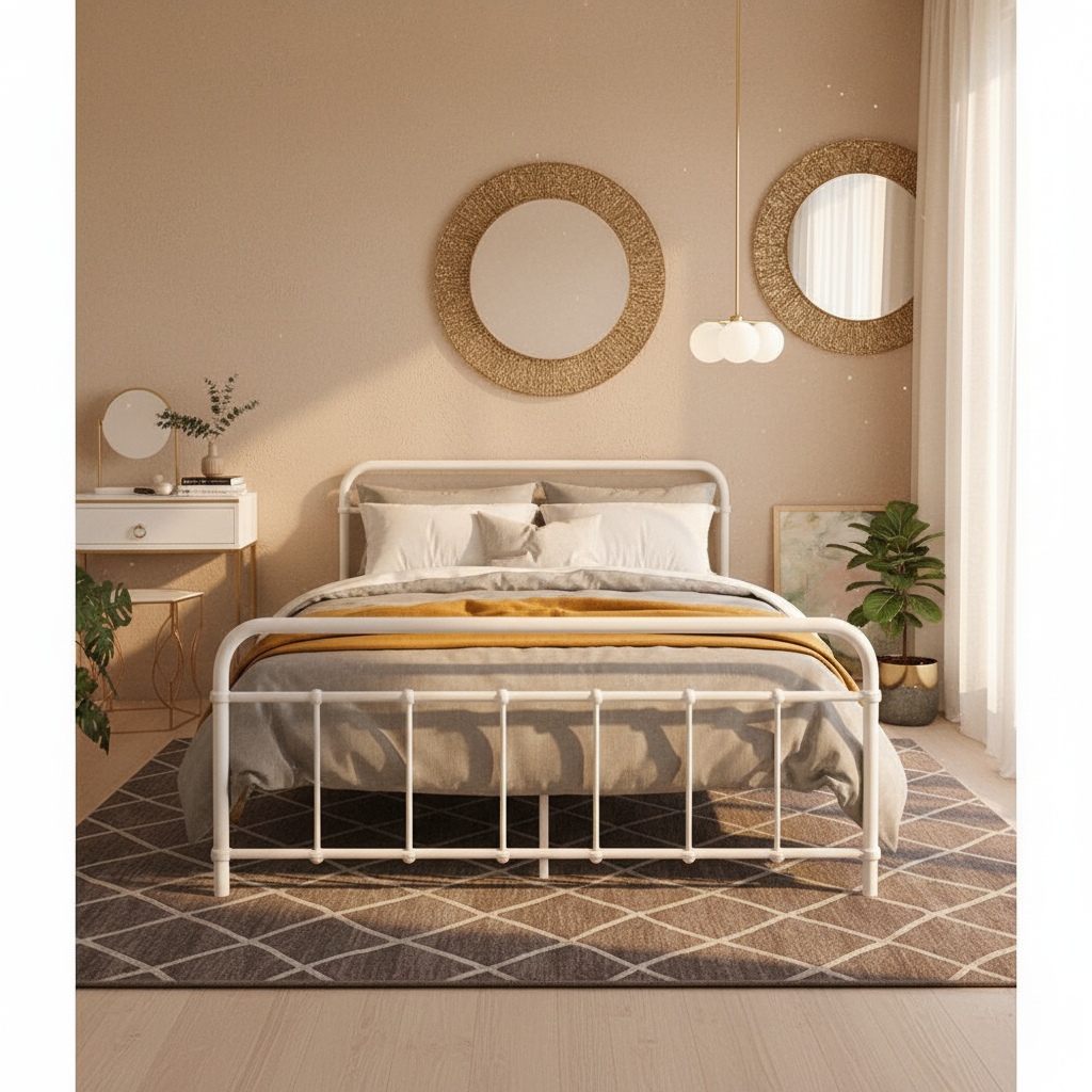 Double Bed Frame Metal White Country-Style with Storage