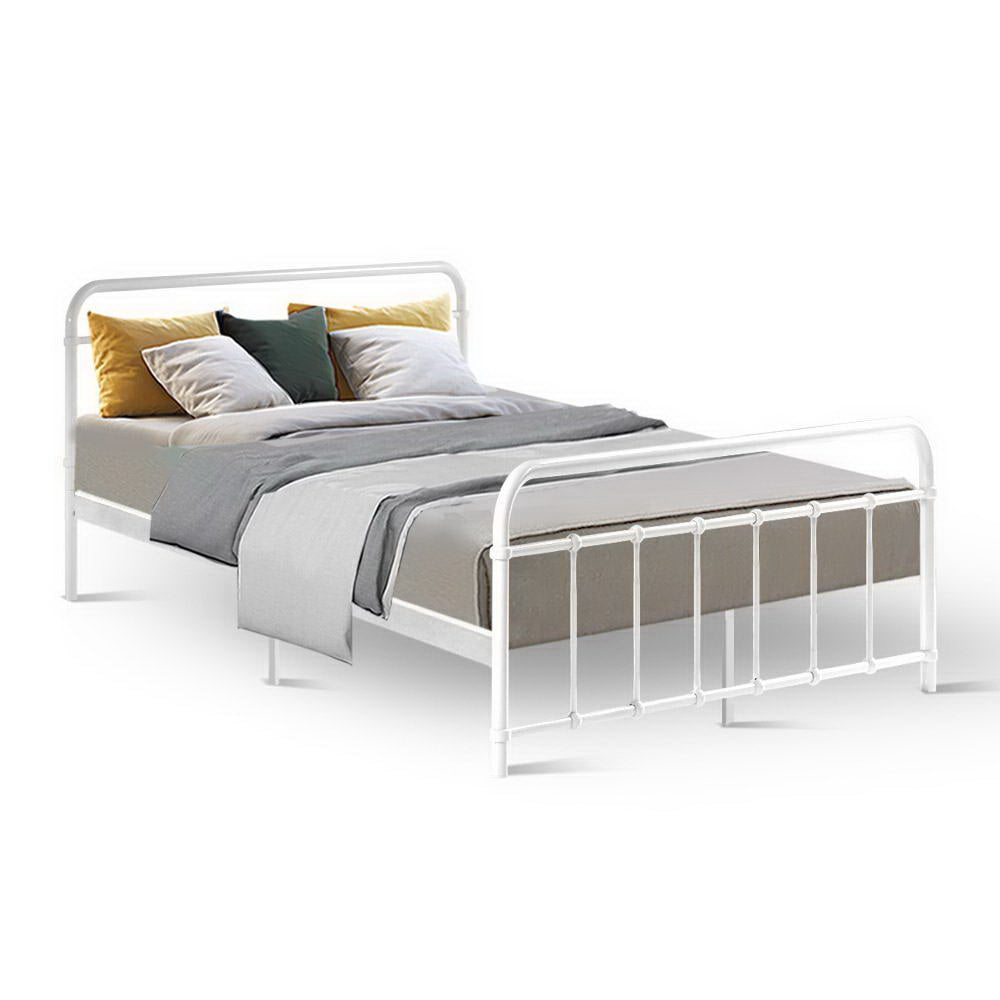 Double Bed Frame Metal White Country-Style with Storage