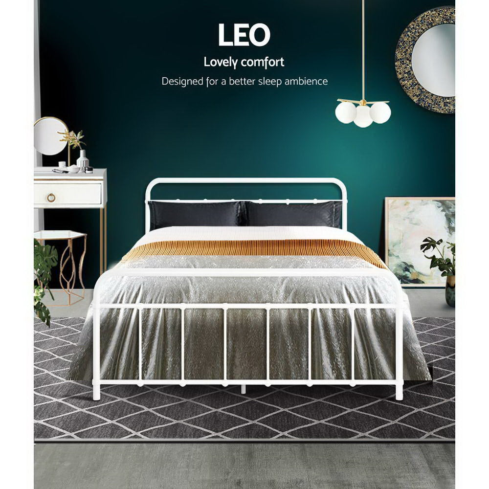 Double Bed Frame Metal White Country-Style with Storage