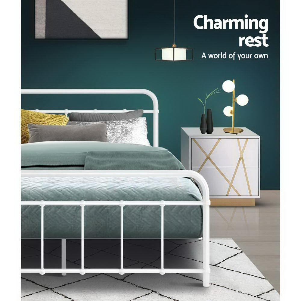 Double Bed Frame Metal White Country-Style with Storage
