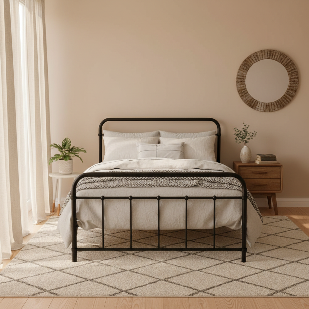 King Single Bed Frame Metal Black Country-Style with Storage