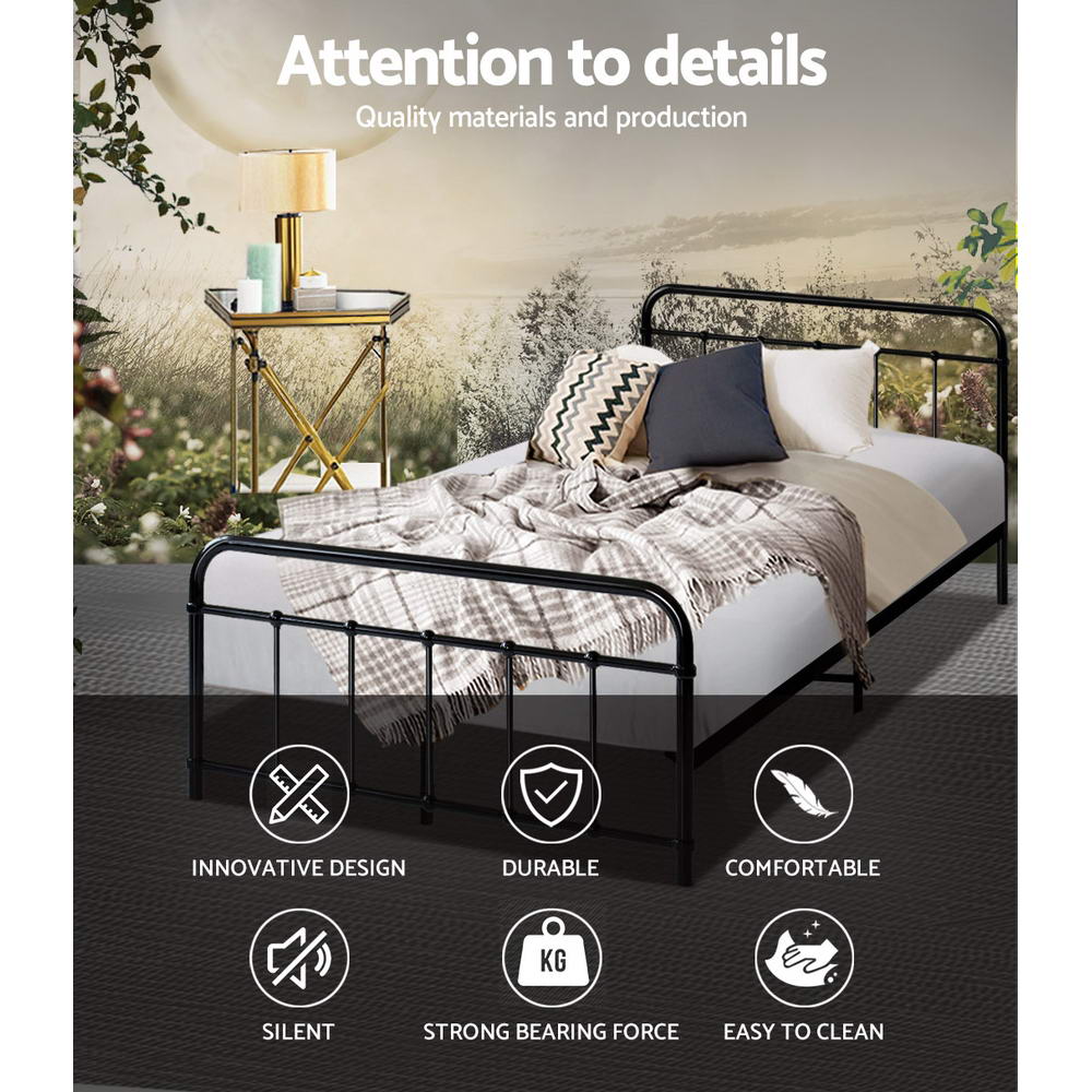 King Single Bed Frame Metal Black Country-Style with Storage