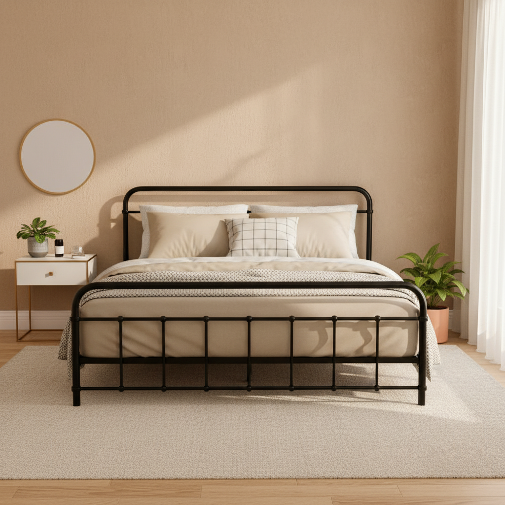 Queen Bed Frame Metal Black with Under-Bed Storage - Size Mbed Leo