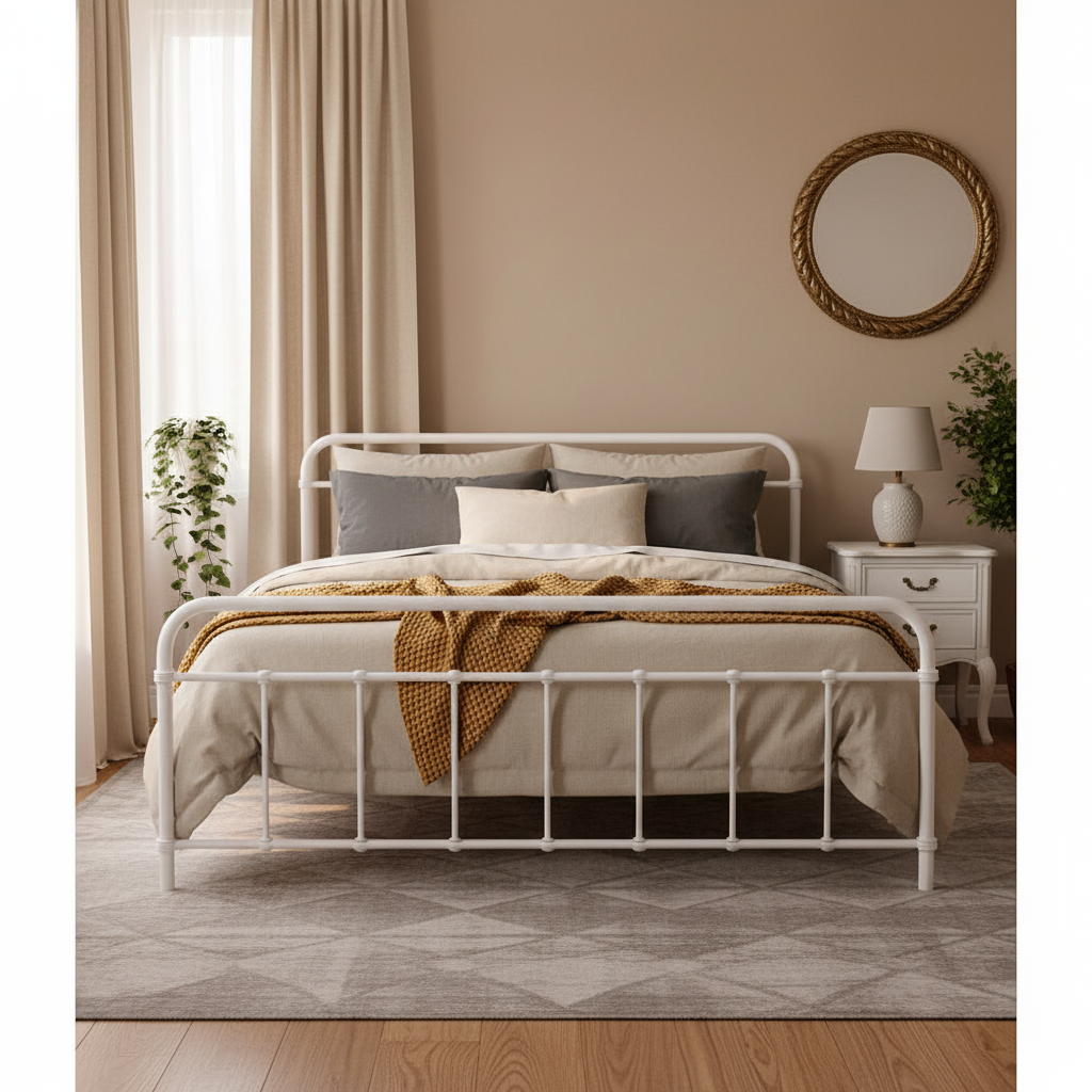 Queen Bed Frame Metal White with Under-Bed Storage
